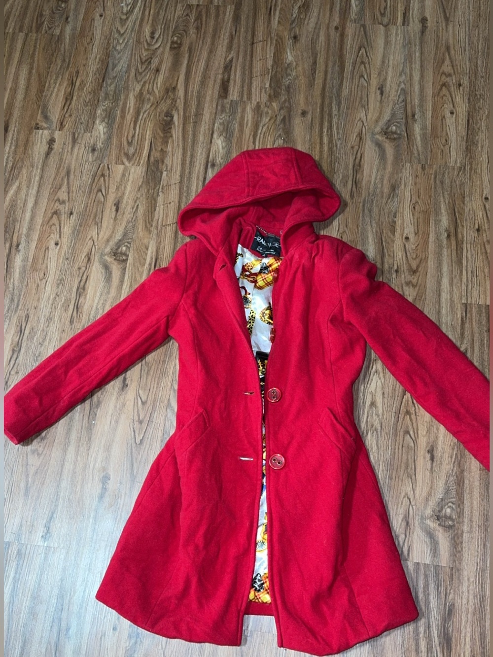 VTG Y2K Rampage Bold Red Hooded Pea Coat w/ Graphic Satin Lining